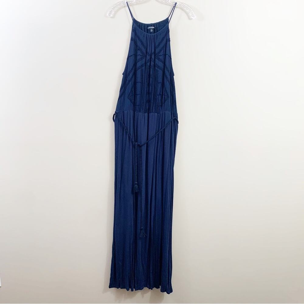 Lucky Brand Dual Slit Sleeveless Embroidered Detail Navy Maxi Dress